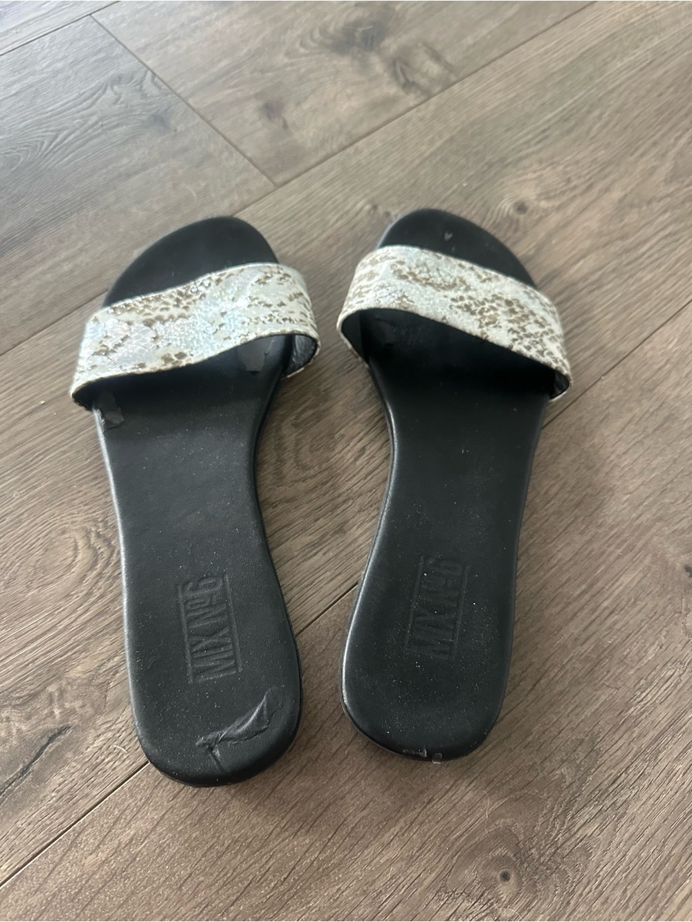Black Slide Sandals with Metallic Snake-Print Strap